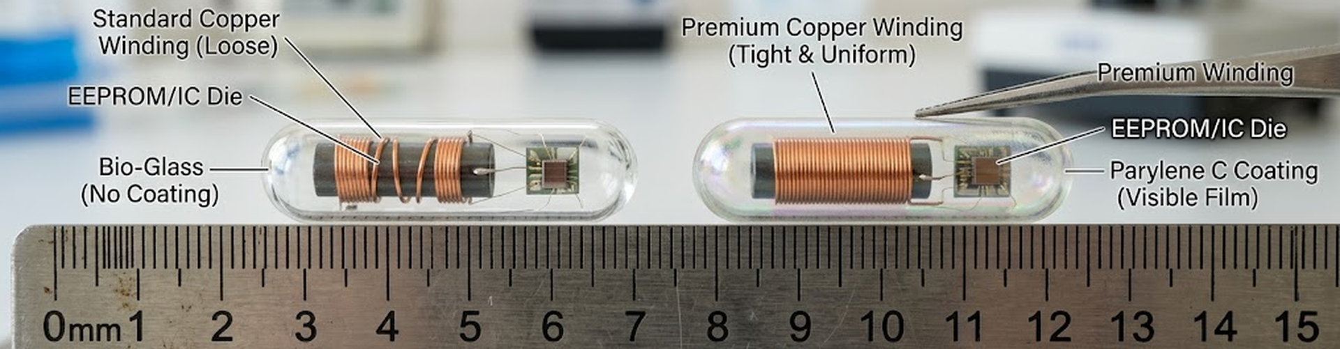 Close-up comparison of bio-glass encapsulated pet microchips showing Parylene C coating, copper wire winding differences, and EEPROM components used in OEM manufacturing Close-up comparison of bio-glass encapsulated pet microchips showing Parylene C coating, copper wire winding differences, and EEPROM components used in OEM manufacturing