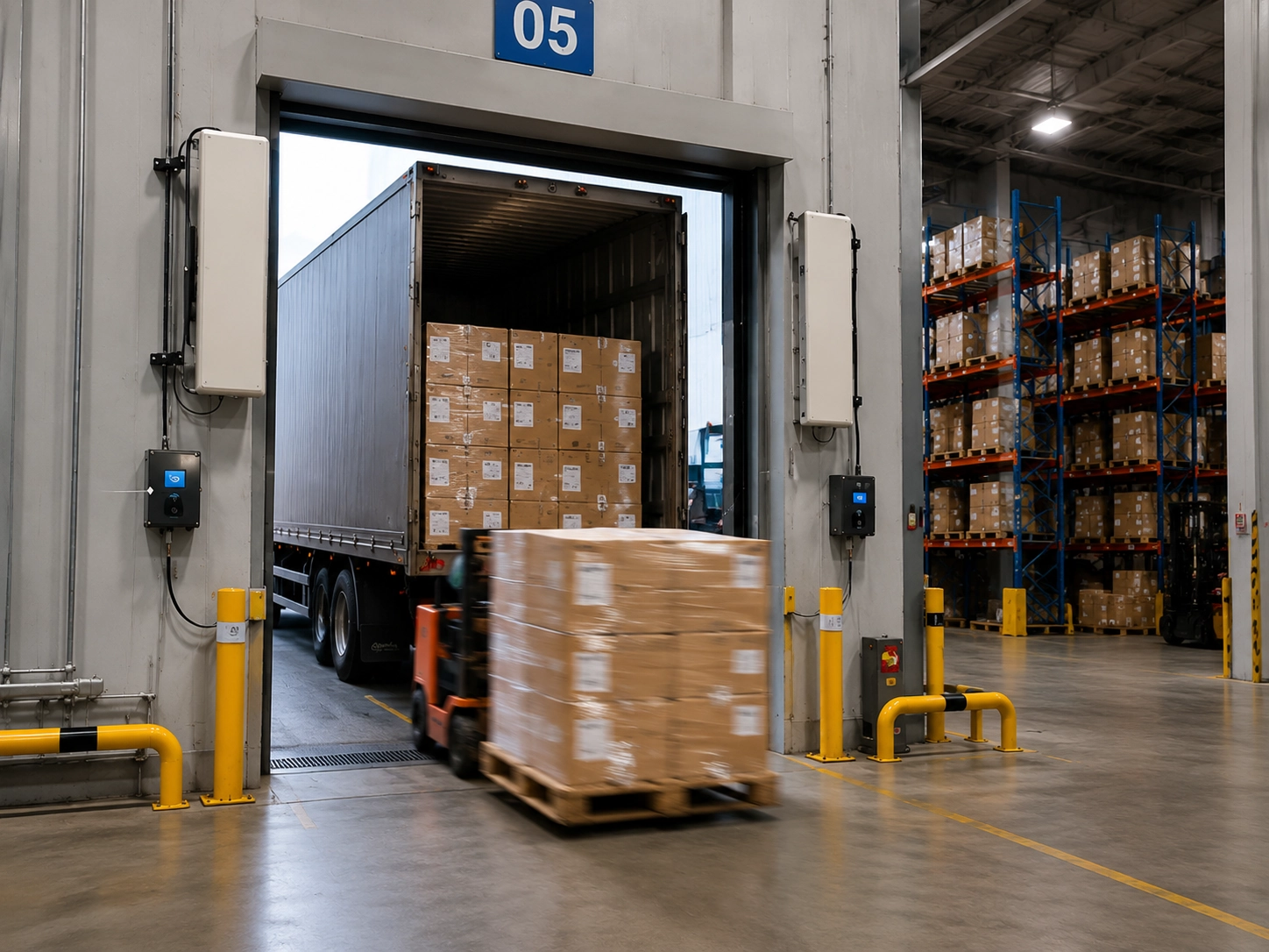 Industrial RFID warehouse inventory automation tracking UHF tags and antennas at dock doors, displaying long-range multi-tag collection in high-speed package digitization and supply chain efficiency