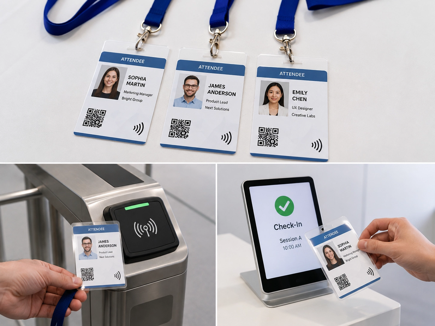 Printed RFID badges and access cards with lanyards used for conference access control, session attendance, and attendee identification